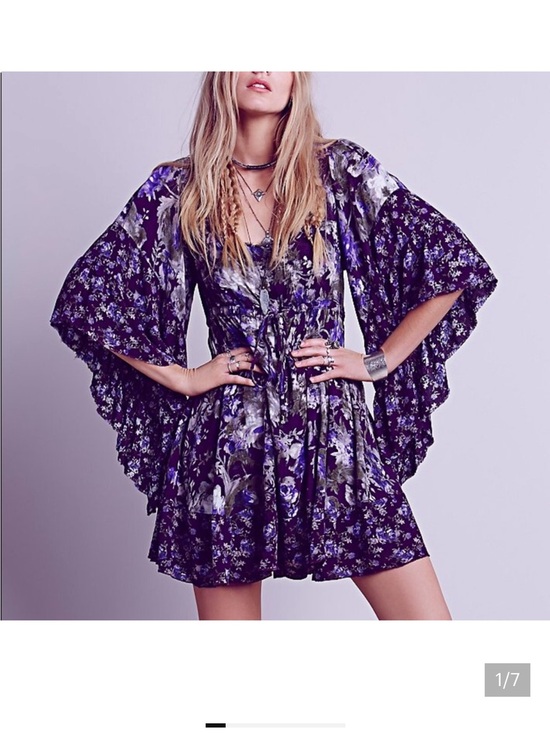 Free People Dresses & Skirts - Free People Heart of Gold Purple Floral Bell Sleeve Boho Mini Dress Size S